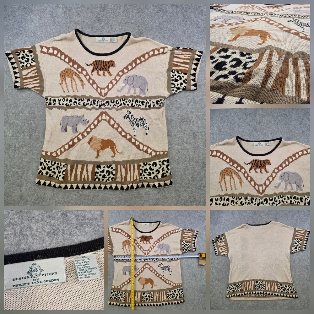 Vintage Design Options Sweater Womens XL Beige Safari Animal Knit Pullover Zoo